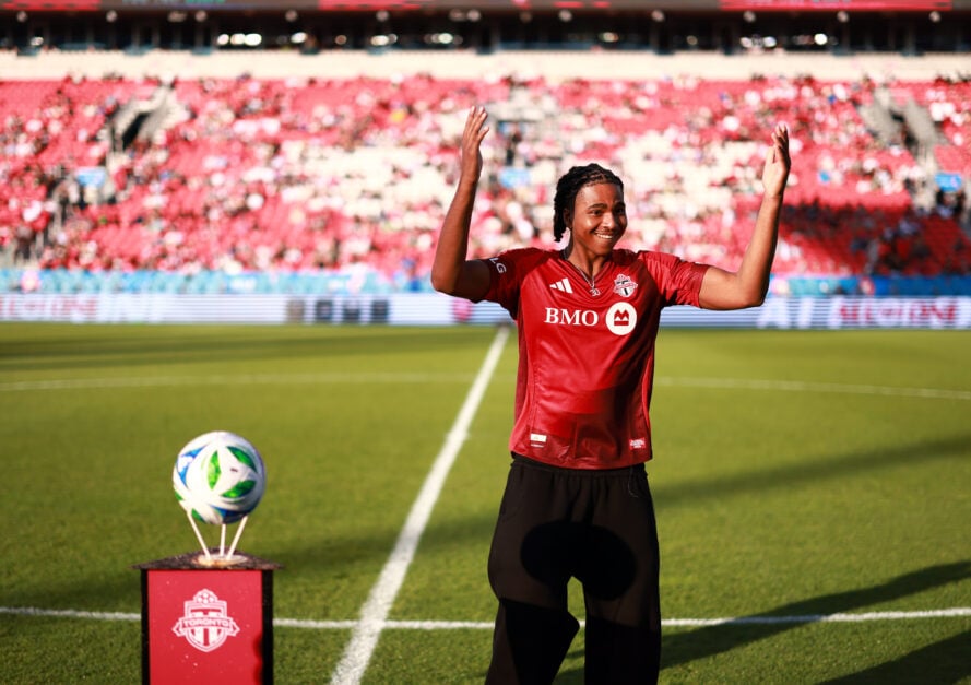 Toronto Raptors forward Collin Murray-Boyles makes an appearance at a Toronto FC game