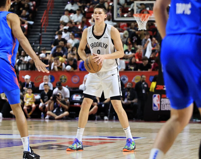 Brooklyn Nets point guard Egor Demin handles the ball in NBA Summer League