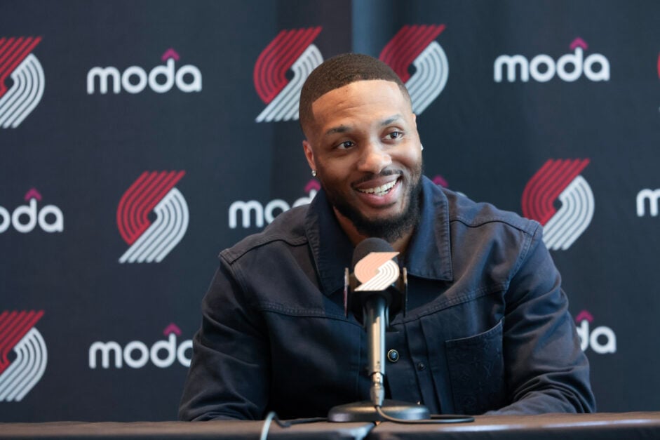 Damian Lillard of the Portland Trail Blazers speaks during a press conference at Moda Center.