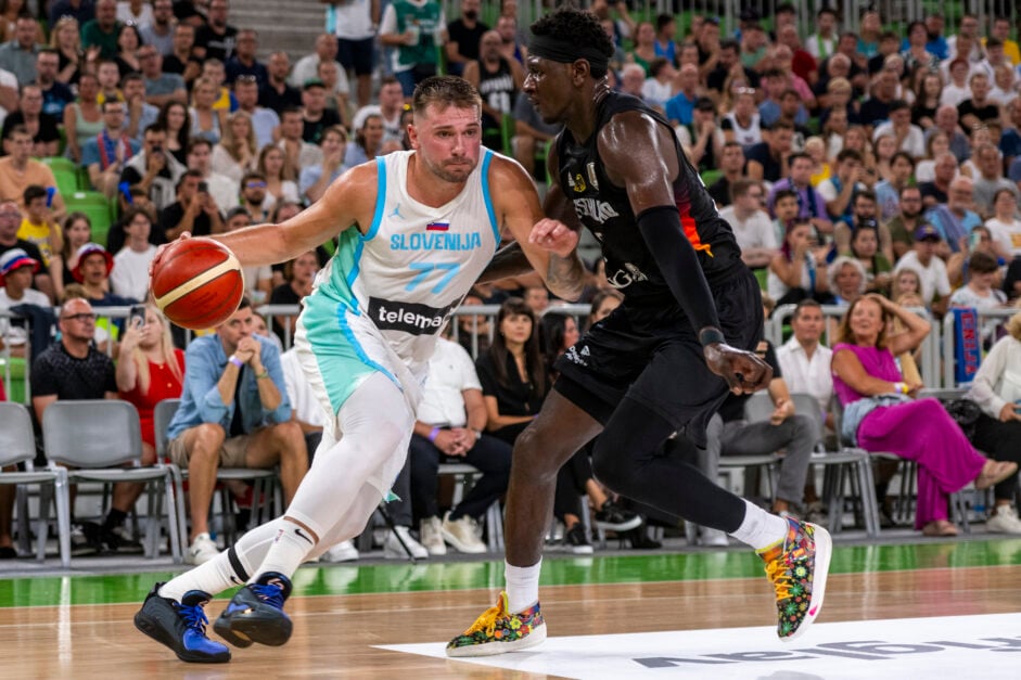 Luka Doncic dribbling the ball for Slovenia against Germany