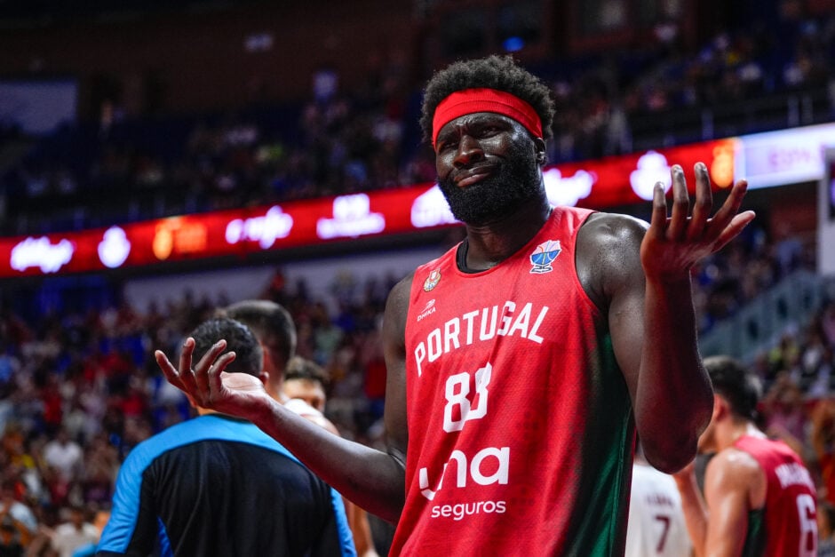 Neemias Queta of Portugal gestures during the City of Malaga basketball tournament match between Spain and Portugal at Jose Maria Martin Carpena Pavilion on August 5, 2025, in Malaga, Spain.