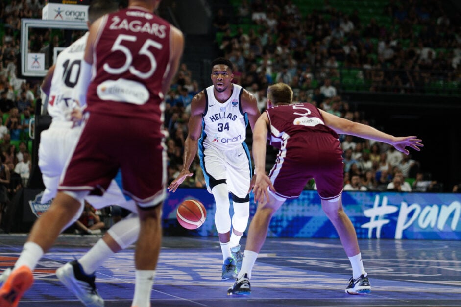 Giannis Antetokounmpo in action during a basketball match Greece - Latvia for the 'Acropolis' tournament, at OAKA Basketball Arena, in Athens, Greece