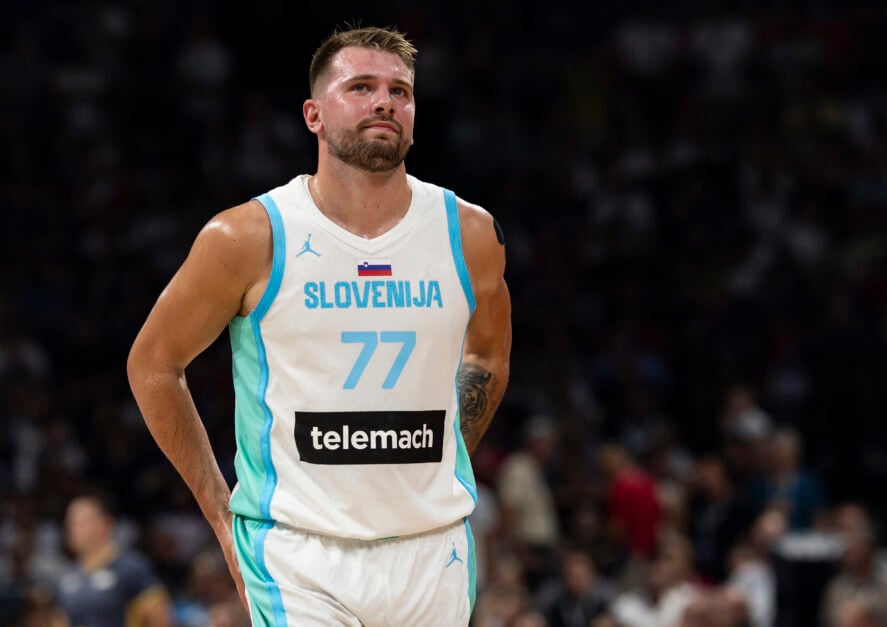 : Luka Doncic of Slovenia reacts during the International Basketball Friendly match between Serbia and Slovenia
