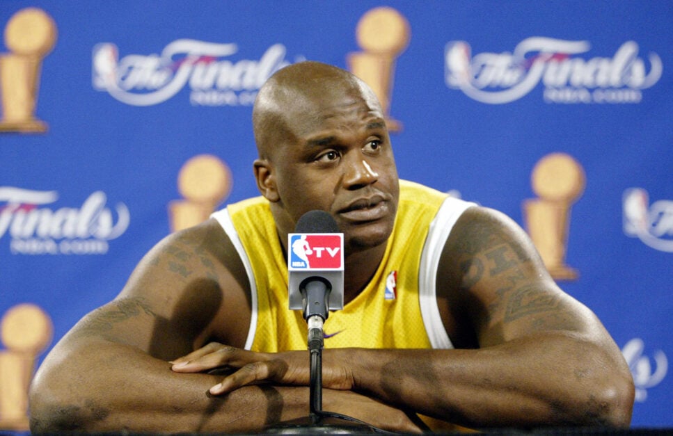 Shaquille O'Neal during his time with the Los Angeles Lakers at a presser in the 2004 NBA Finals.