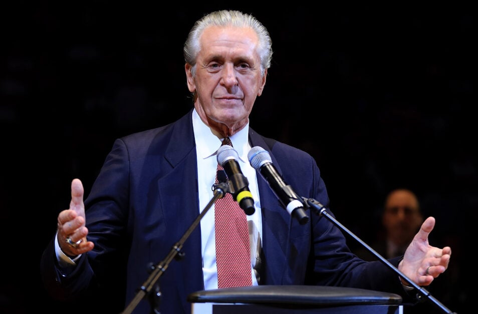Miami Heat president Pat Riley speaks during a ceremony to honor Shaquille O'Neal as he has his number retired during a game between the Miami Heat and the Los Angeles Lakers at American Airlines Arena.