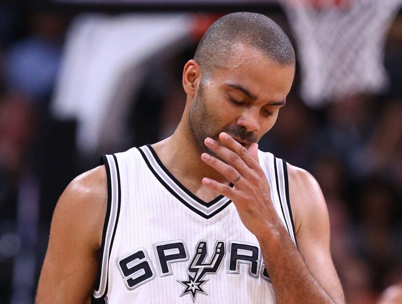 Tony Parker #9 of the San Antonio Spurs reacts against the Houston Rockets during Game Two of the NBA Western Conference Semi-Finals.