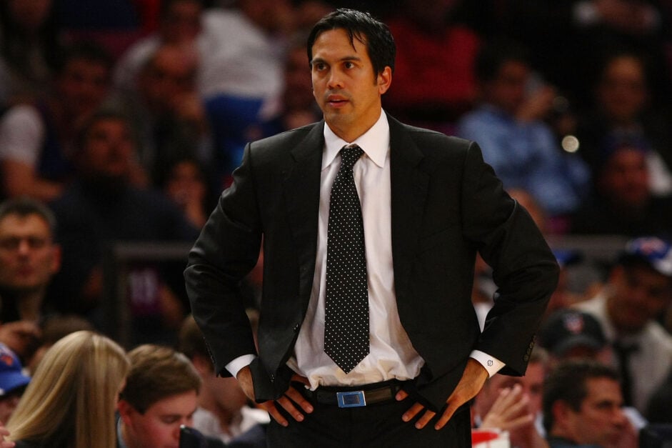 Miami Heat head coach Erik Spoelstra watches from the bench during NBA action against the New York Knicks at Madison Square Garden.