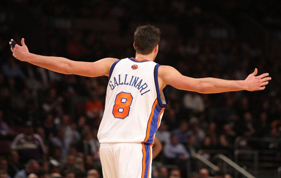 Danilo Gallinari #8 of the New York Knicks reacts to a basket against the Phoenix Suns at Madison Square Garden on December 1, 2009 in New York, New York.