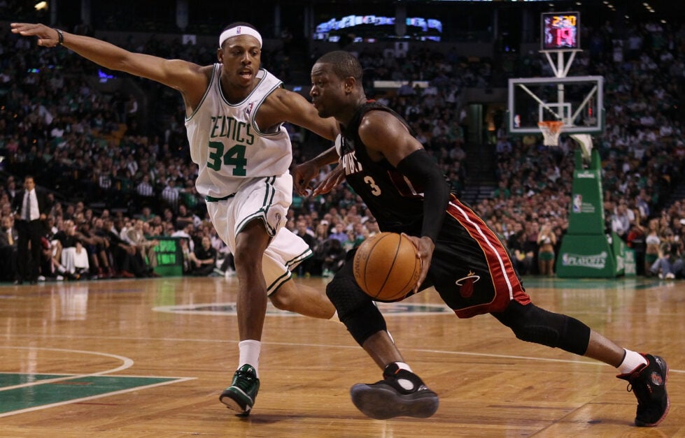 Dwyane Wade going at Paul Pierce during the Miami Heat v Boston Celtics, Game 5