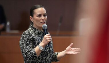San Antonio Mayor Gina Ortiz Jones speaks to applicants from 20 countries. (AP Photo/Eric Gay)