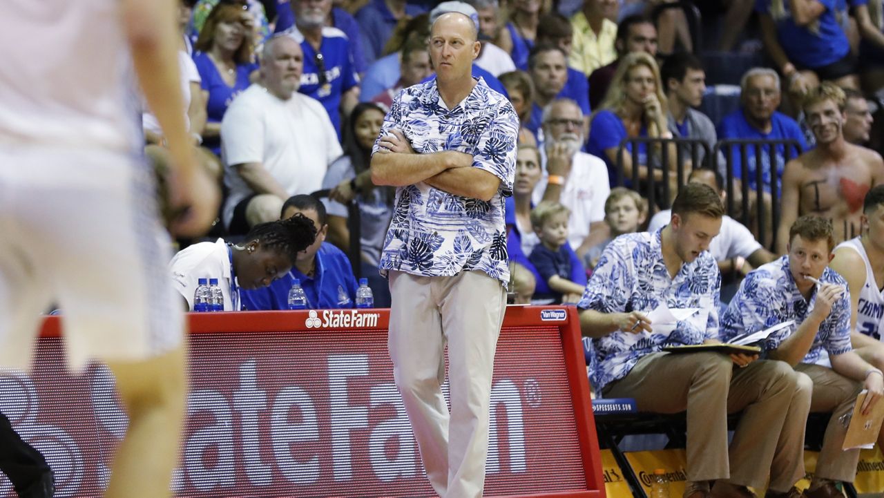 Chaminade coach Eric Bovaird patrolled the Lahaina Civic Center sidelines for a game against Kansas during the Silverswords last appearance on Maui for the Maui Invitational in November 2019.