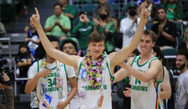 Hawaii forward Gytis Nemeiksa, middle, went through senior night ceremonies after a win over UC Davis on March 1.