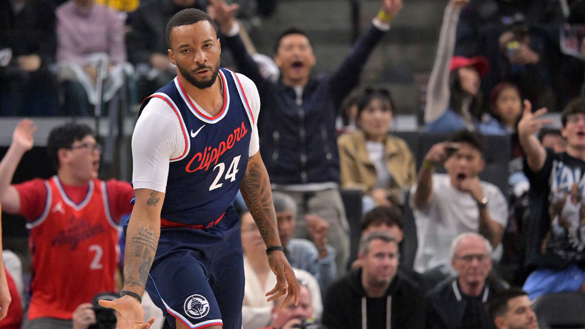 Clippers guard Norman Powell (24) heads down court after a 3-point basket in the first half of game four of round one of the 2024 NBA Playoffs against the Denver Nuggets at Intuit Dome