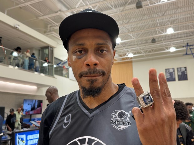 Zach's Basketball's Doug Herring shows off his 2025 Basketball Capital Pro-Am championship ring. (Joe Arruda/Hartford Courant)