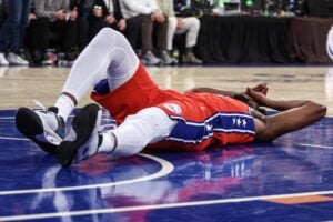 Philadelphia 76ers center Joel Embiid gathers himself after injury scare