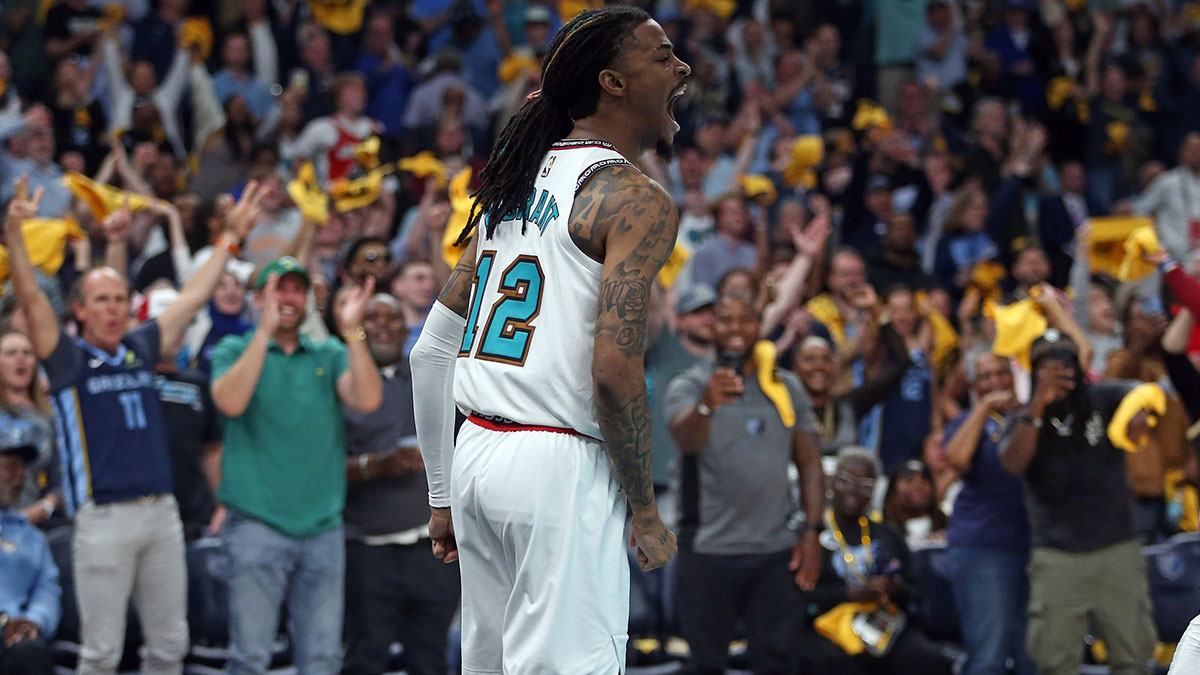 Memphis Grizzlies guard Ja Morant (12) reacts after a dunk during the second quarter against the Oklahoma City Thunder during game three for the first round of the 2024 NBA Playoffs at FedExForum.