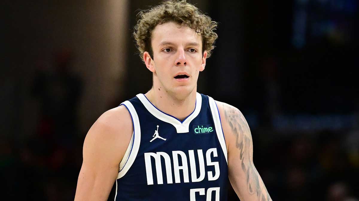 Dallas Mavericks center Kylor Kelley (50) reacts during the second half against the Cleveland Cavaliers at Rocket Mortgage FieldHouse.