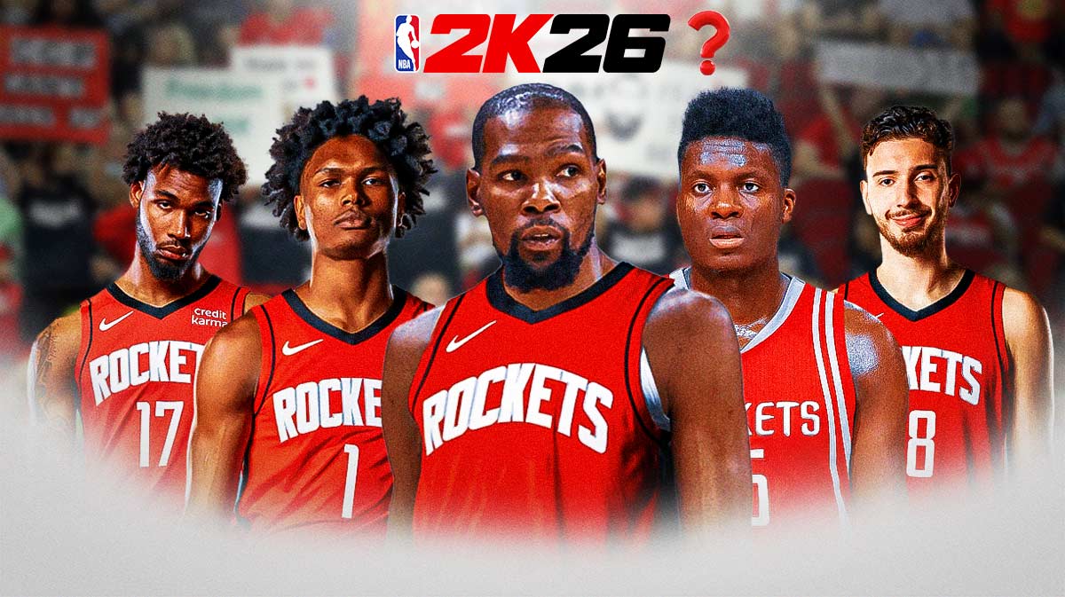 amal Murray, Aaron Gordon, Christian Braun, Tim Hardaway Jr., and Bruce Brown in the Nuggets jersey with the 2K26 logo at the top with a question mark.