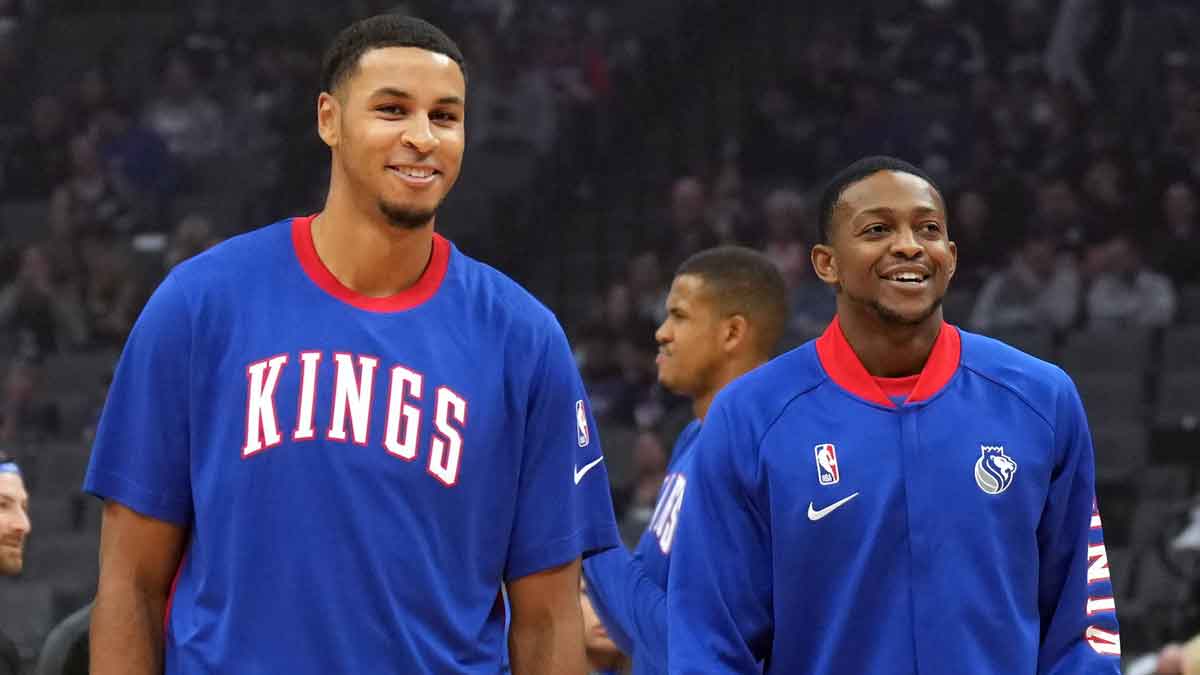 Sacramento Kings forward Keegan Murray (left) and guard De'Aaron Fox (right) before the game against the Utah Jazz at Golden 1 Center.