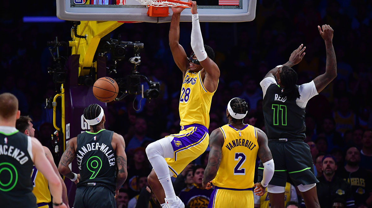 Los Angeles Lakers forward Rui Hachimura (28) dunks for the basket against the Minnesota Timberwolves during the second half in game five of first round for the 2025 NBA Playoffs at Crypto.com Arena. 
