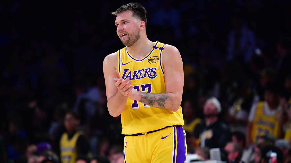 Lakers guard Luka Doncic (77) reacts during the second half in game five of first round for the 2025 NBA Playoffs at Crypto.com Arena