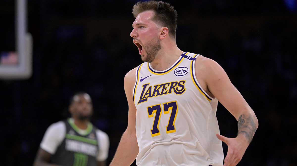 Los Angeles Lakers guard Luka Doncic (77) reacts after not getting a foul call in the second half against the Minnesota Timberwolves at Crypto.com Arena.