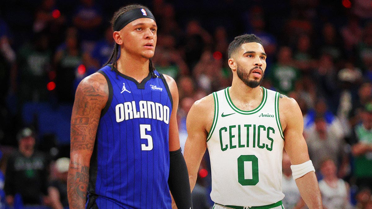 Orlando Magic forward Paolo Banchero (5) and Boston Celtics forward Jayson Tatum (0) wait fro a break in play in the fourth quarter during game four of first round for the 2025 NBA Playoffs at Kia Center.