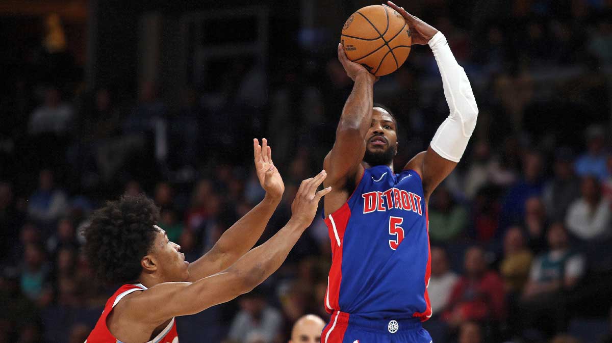 Detroit Pistons guard Malik Beasley (5) shoots a three point basket during the first half against the Memphis Grizzlies at FedExForum.