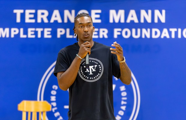 At The Mill Works in Westford on Wednesday, Brooklyn Nets guard and Lowell native Terance Mann addressed participants at his Complete Player Foundation event. (James Thomas for the Lowell Sun)