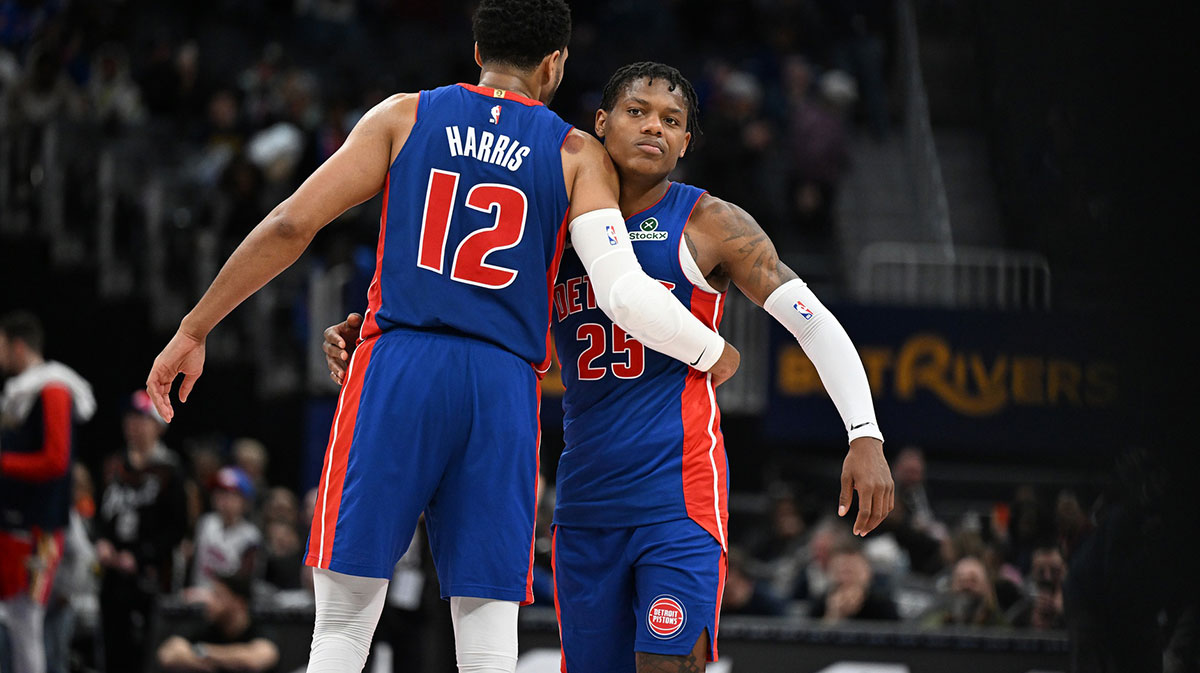 Detroit Pistons guard Marcus Sasser (25) celebrates with forward Tobias Harris (12) after beating the New Orleans Pelicans at Little Caesars Arena