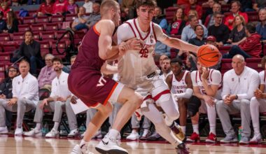 Maxime Raynaud drives to the basket during a game against Virginia Tech.