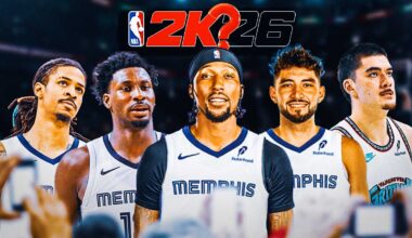 Chicago Bulls NBA 2K26 ratings that are 100% wrong. Coby White, Josh Giddey, Patrick Williams, Nikola Vučević and Matas Buzelis in the Bulls jersey with the 2k26 logo at the top with a single question mark.