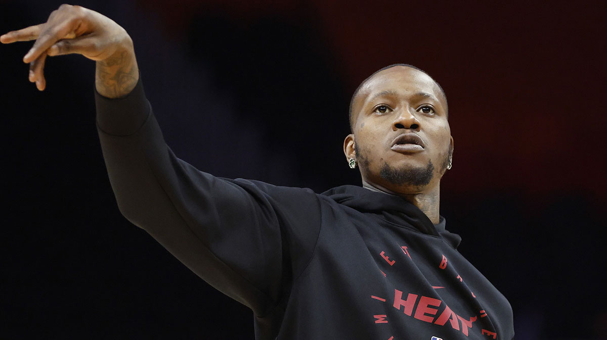 Miami Heat guard Terry Rozier (2) warms up prior to the game against the Washington Wizards at Kaseya Center.