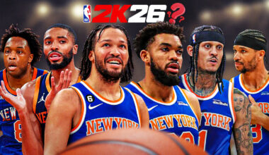 Milwaukee Bucks NBA 2K26 ratings that are 100% wrong. Giannis Antetokounmpo, Myles Turner, Kevin Porter Jr., Cole Anthony and AJ Green in the Bucks jersey with the 2k26 logo at the top with a single question mark.