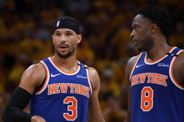 New York Knicks guard Josh Hart (3) and forward OG Anunoby (8) speak in the third quarter during game six of the eastern conference finals against the Indiana Pacers for the 2025 NBA Playoffs at Gainbridge Fieldhouse.
