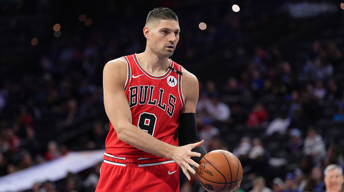 Chicago Bulls center Nikola Vucevic (9) receives a pass against the Philadelphia 76ers in the first quarter at Wells Fargo Center.