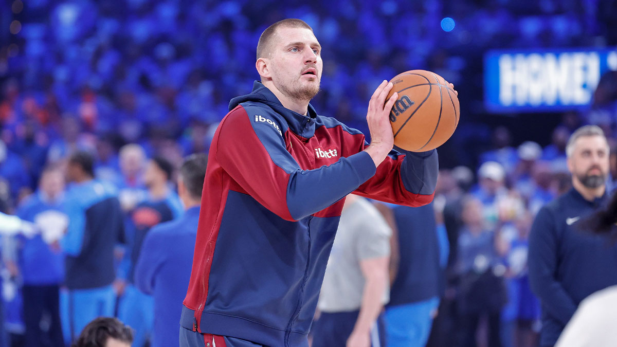 Nuggets center Nikola Jokic (15) dribbles down the court against the Oklahoma City Thunder in the second quarter during game seven of the second round for the 2025 NBA Playoffs at Paycom Center