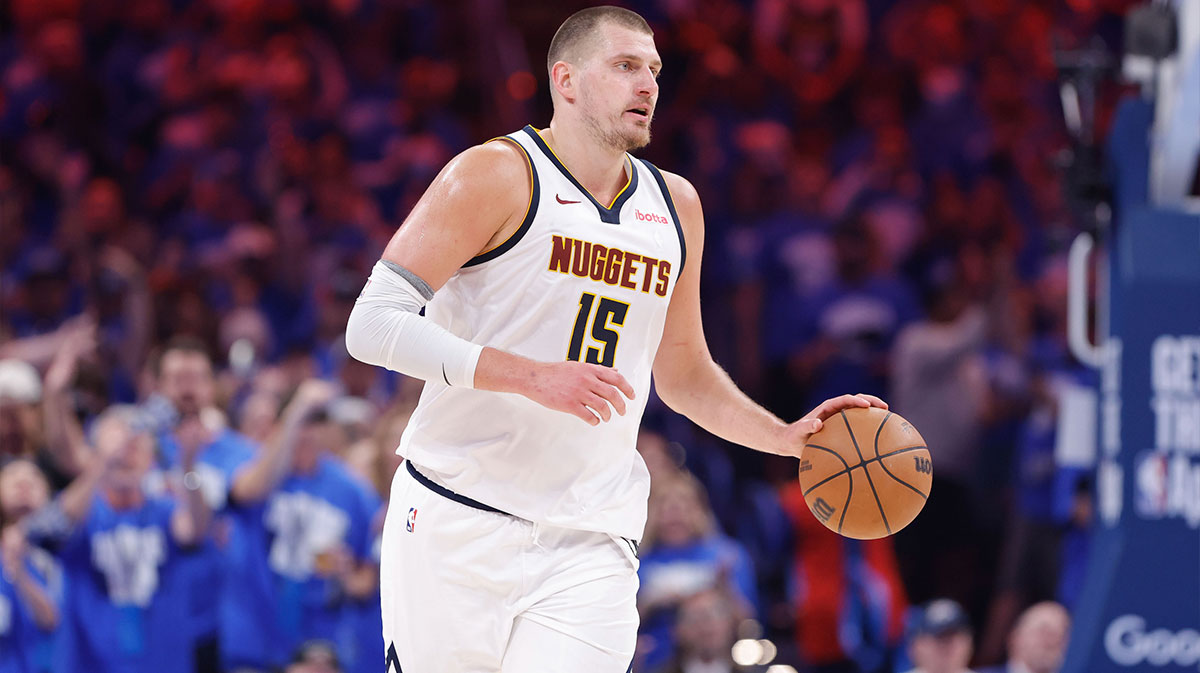 Nuggets center Nikola Jokic (15) dribbles down the court against the Oklahoma City Thunder in the second quarter during game seven of the second round for the 2025 NBA Playoffs at Paycom Center
