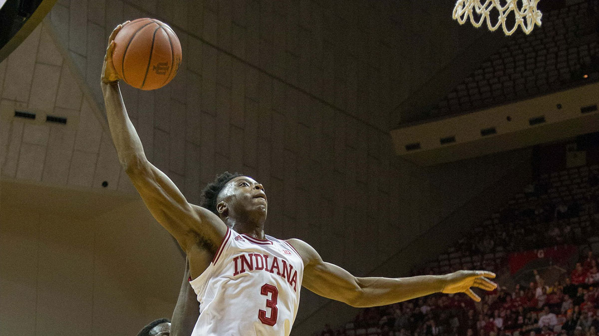 Indiana Hoosiers forward OG Anunoby (3) dunks the ball and is fouled by Rutgers Scarlet Knights forward Eugene Omoruyi (11) in the first half of the game at Assembly Hall.