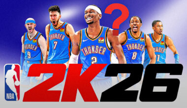 Atlanta Hawks NBA 2K26 ratings that are 100% wrong. Trae Young, Kristaps Porziņģis, Jalen Johnson, Zaccharie Risacher, and Luke Kennard in the Hawks jersey with the 2k26 logo at the top with a single question mark.