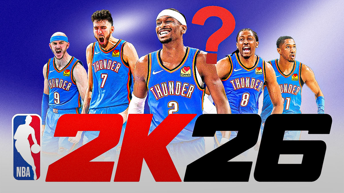 Atlanta Hawks NBA 2K26 ratings that are 100% wrong. Trae Young, Kristaps Porziņģis, Jalen Johnson, Zaccharie Risacher, and Luke Kennard in the Hawks jersey with the 2k26 logo at the top with a single question mark.