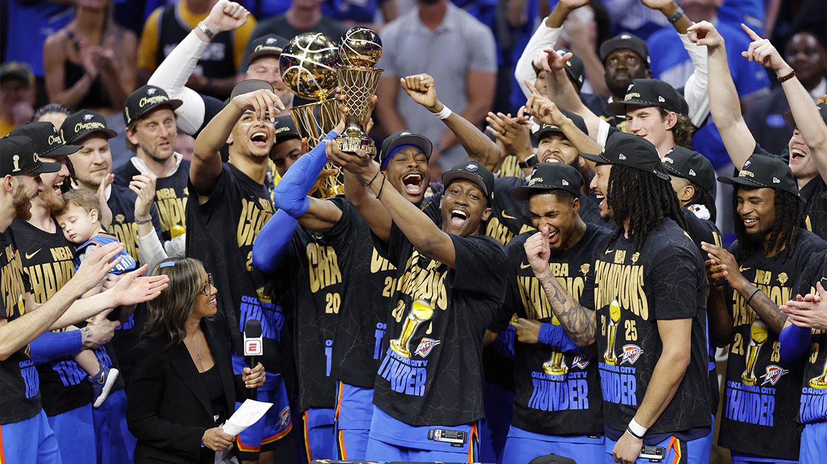 The Oklahoma City Thunder celebrate after winning game seven of the 2025 NBA Finals against the Indiana Pacers at Paycom Center.