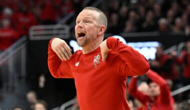 Mar 20, 2025; Lexington, KY, USA; Louisville Cardinals head coach Pat Kelsey looks on during the first half of the game against the Creighton Bluejays in the first round of the NCAA Tournament at Rupp Arena. Mandatory Credit: Jordan Prather-Imagn Images