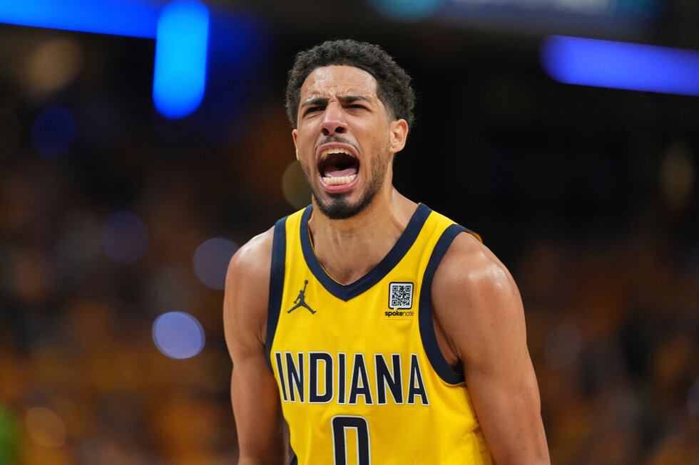 Indiana Pacers guard Tyrese Haliburton reacts after making a three pointer against the...