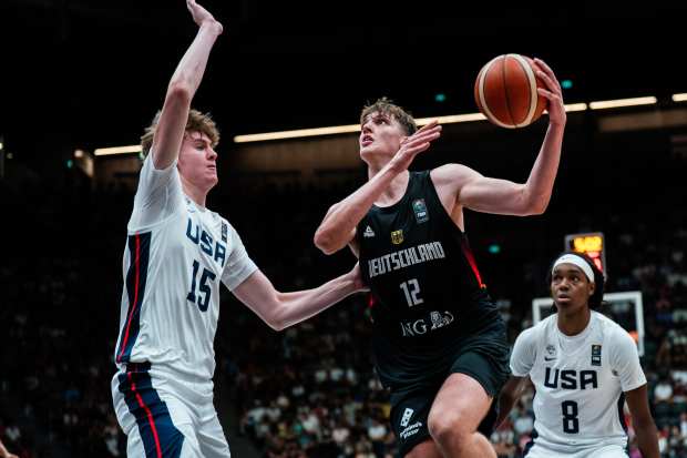 UConn freshman Eric Reibe, right, here playing for Germany in FIBA U19 World Cup early in the summer, will team up with Tarris Reed Jr. to give the Huskies a strong center tandem. (Courtesy of FIBA)