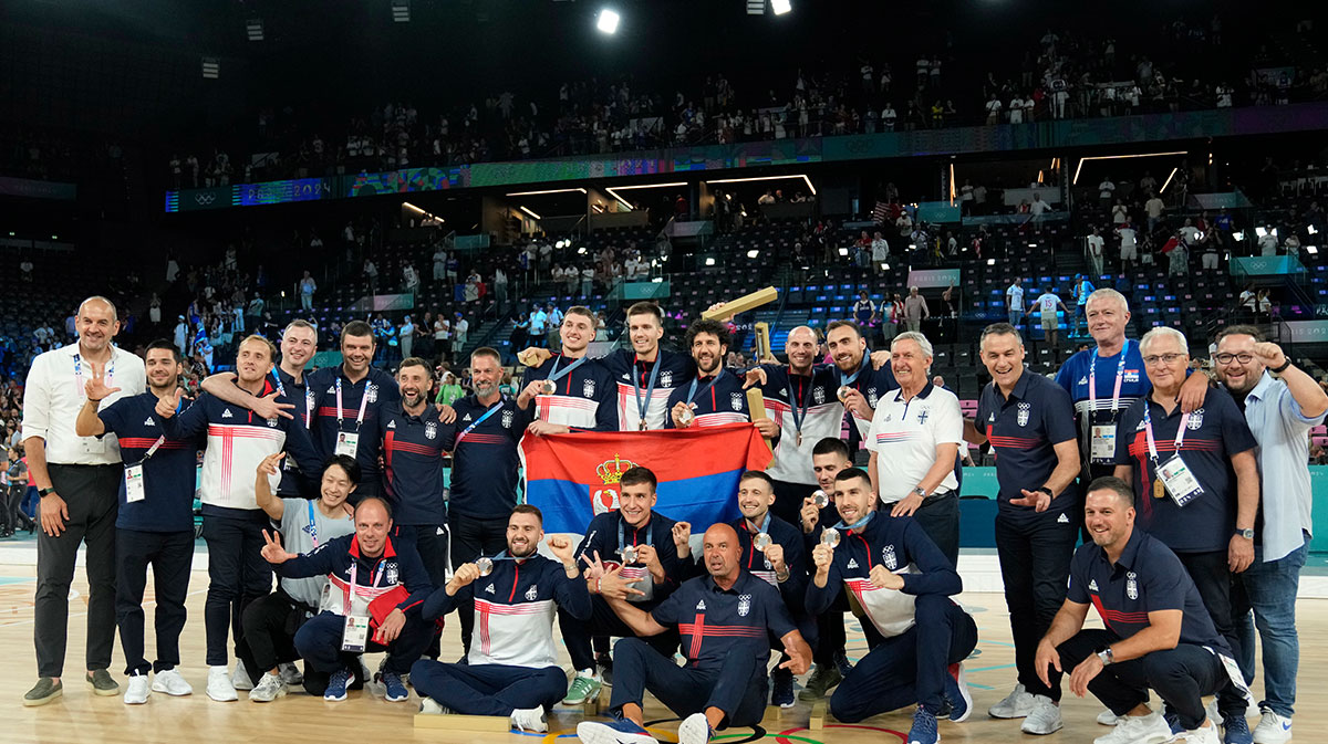 Team Serbia celebrates with the bronze medal in men's basketball during the Paris 2024 Olympic Summer Games at Accor Arena.