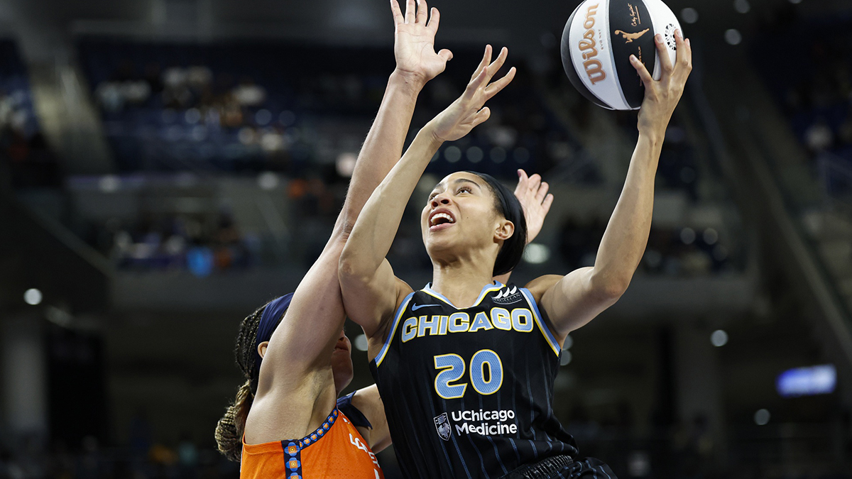 Chicago Sky forward Isabelle Harrison (20) goes to the basket against the Connecticut Sun during the second half of a basketball game at Wintrust Arena