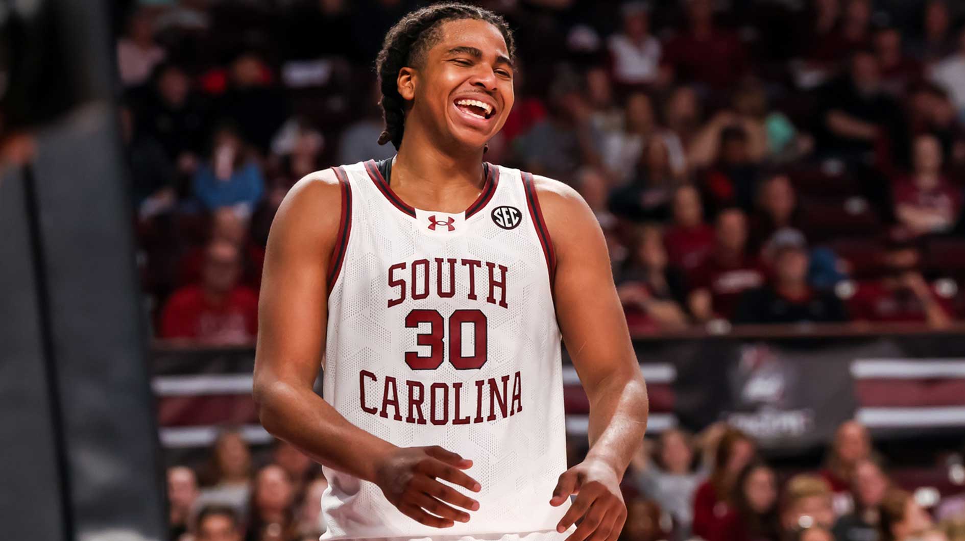South Carolina Gamecocks forward Collin Murray-Boyles (30) celebrates a play against the Arkansas Razorbacks in the second half at Colonial Life Arena.
