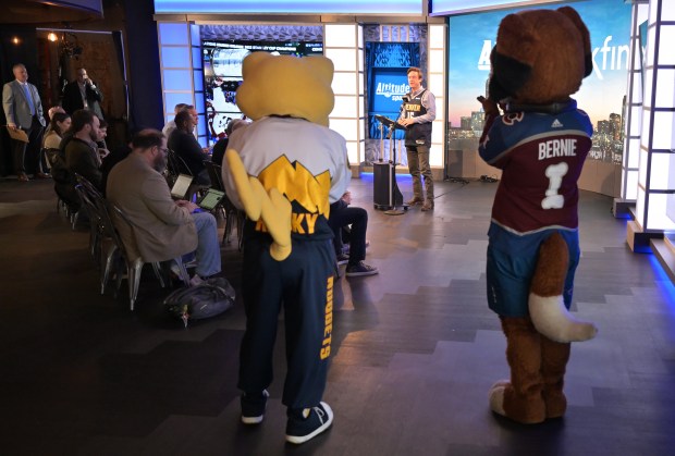 Denver Mayor Mike Johnston talks with members of the media at Ball Arena in Denver on Feb. 4, 2025. (Photo by RJ Sangosti/The Denver Post)