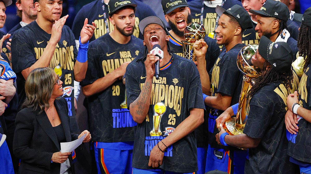 Thunder forward Jalen Williams (8) speaks to fans after his team won the NBA Finals against the Indiana Pacers in game seven of the 2025 NBA Finals at Paycom Center